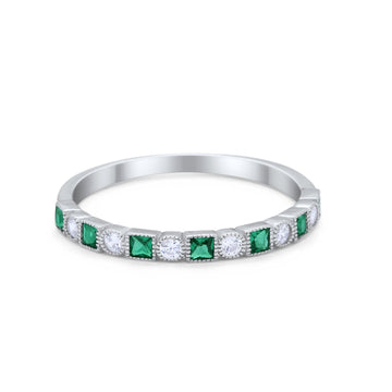 Half Eternity Wedding Ring Round Simulated Green Emerald CZ 925 Sterling Silver